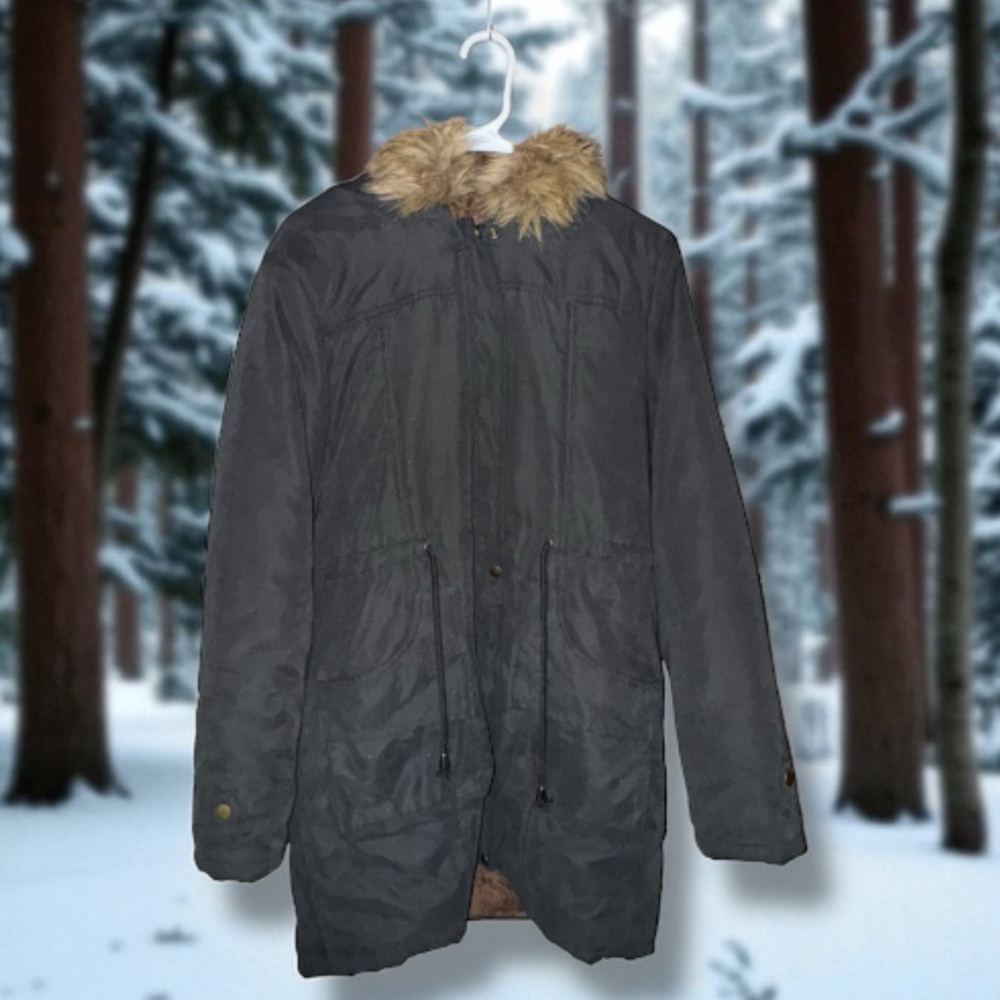 Beyove Coat Charcoal Hooded Parka Utility Cargo Faux Fur Trim & Lining Women’s M - Picture 14 of 16